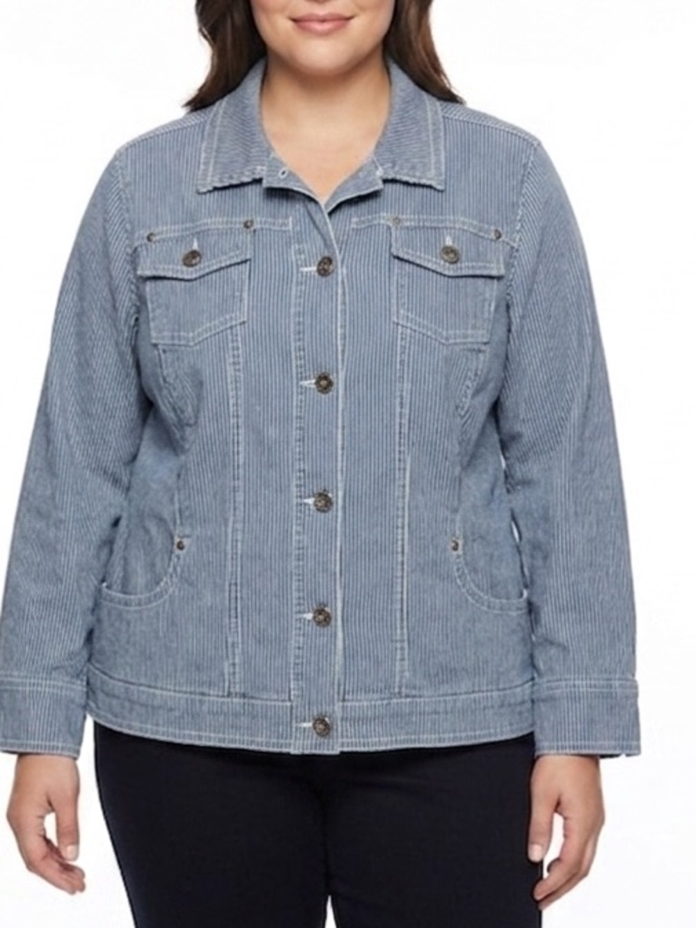 CJ Banks Jacket Blue Striped Button Down Denim Pockets Long Sleeve Plus Size 2x